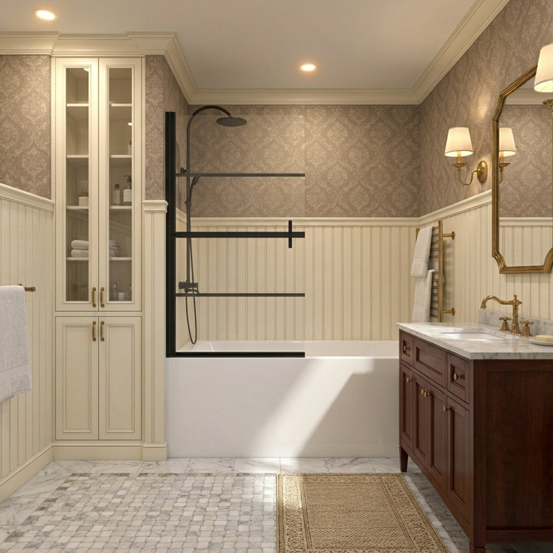 31.5"w X 55"h Frameless Pivot Bathtub Shower Door, 1/4" (6mm) Tempered Glass, 180° Pivot Hinge, Zinc Alloy Double Handle, Black