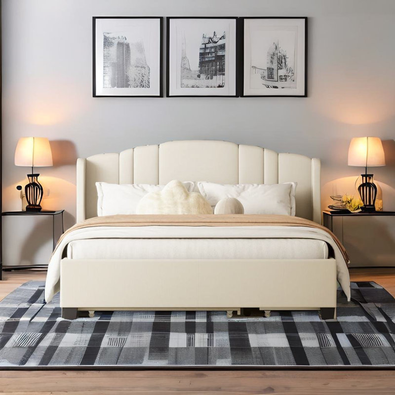 Upholstered Wingback Storage Bed, Beige