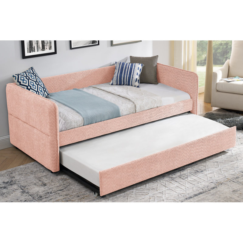 Daybed With Twin Size Pop-up Trundle Upholstered Tufted Sofa Bed, Twin Size, Boucle Fabric, Rose
