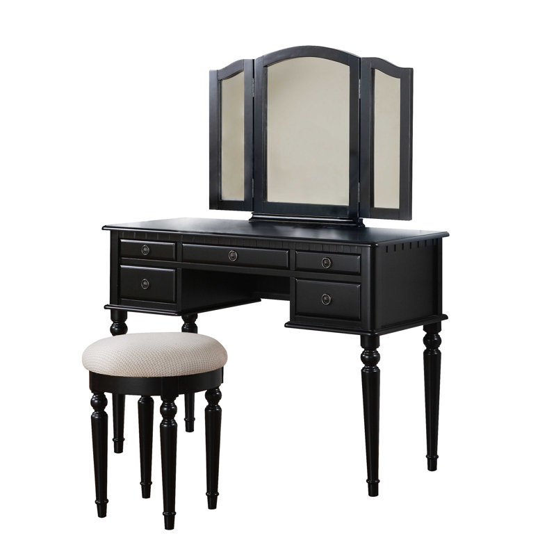Bedroom Contemporary Vanity Set W Foldable Mirror Stool Drawers, Black