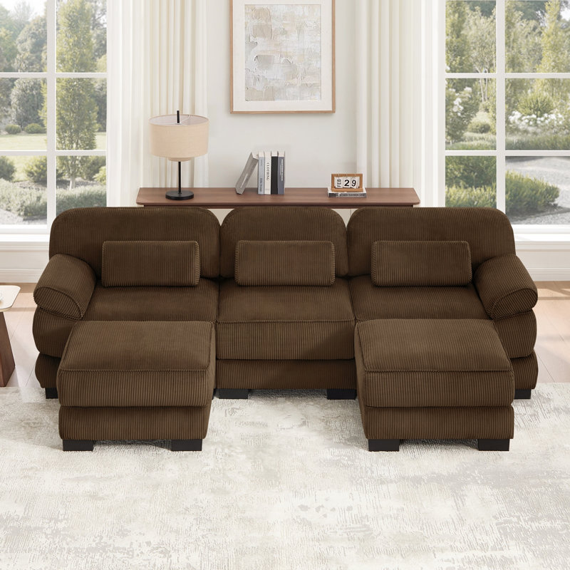 Canapé modulaire en forme de U avec tissu en velours côtelé et accoudoirs convertibles, L 104 po, Velours côtelé brun