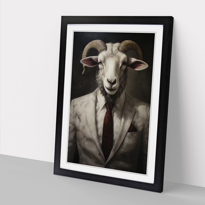 Ram Sheep in a Suit Painting No.5 - Framed Print, 64cm H x 46cm W x 2cm D, Black