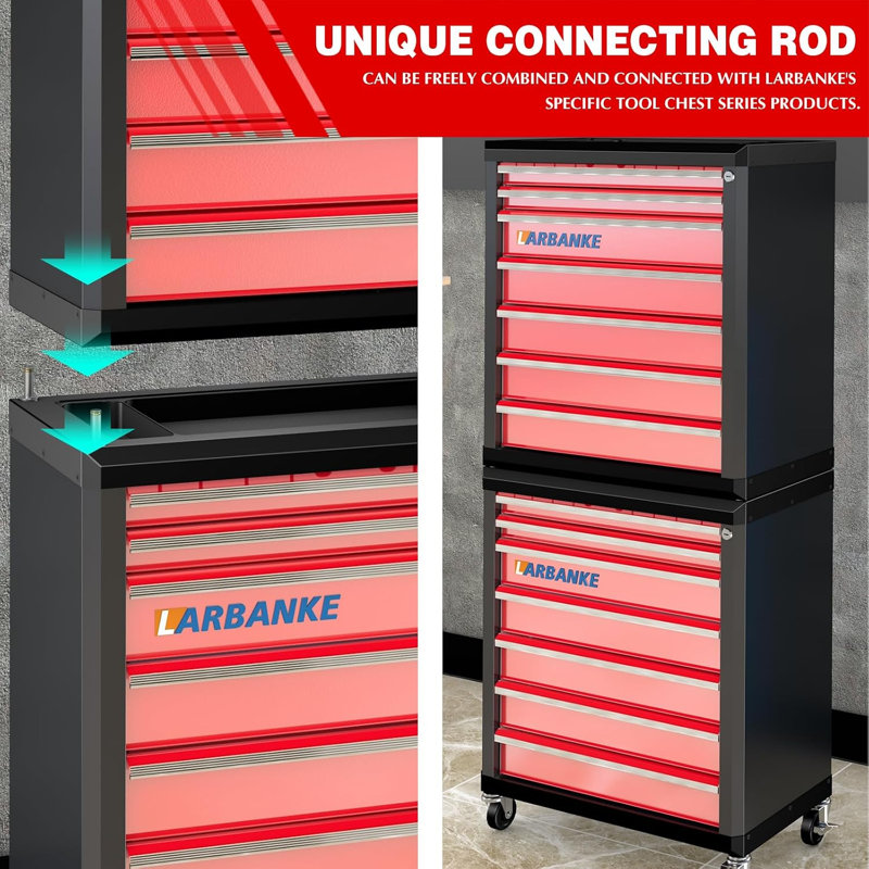 Armoire à outils roulante à 7 tiroirs avec système de verrouillage et tiges d'empilage - Rouge, Rouge