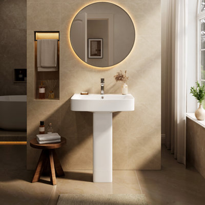 Lavabo sur pied de salle de bain en porcelaine vitrifiée blanche avec trop-plein, 60,5 cm de profondeur x 46,5 cm de largeur