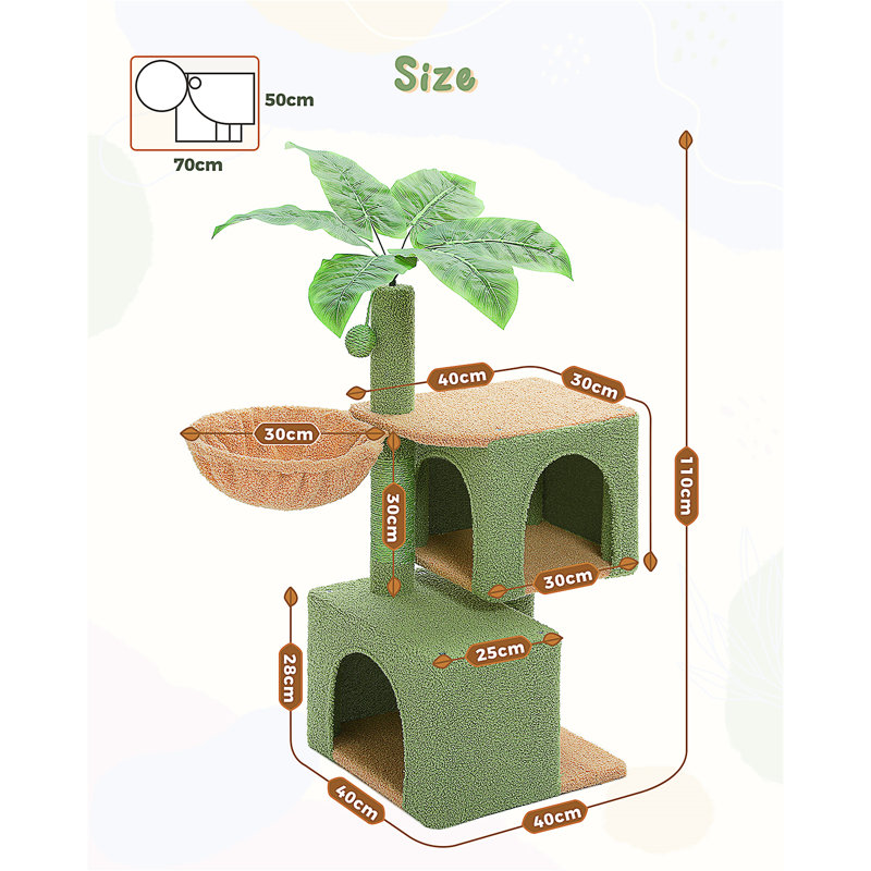 Arbre à chat 43 po pour chats d'intérieur, arbre à chat avec poteaux à griffer, 2 grands condos et hamac profond, arbre d'activités pour chatons