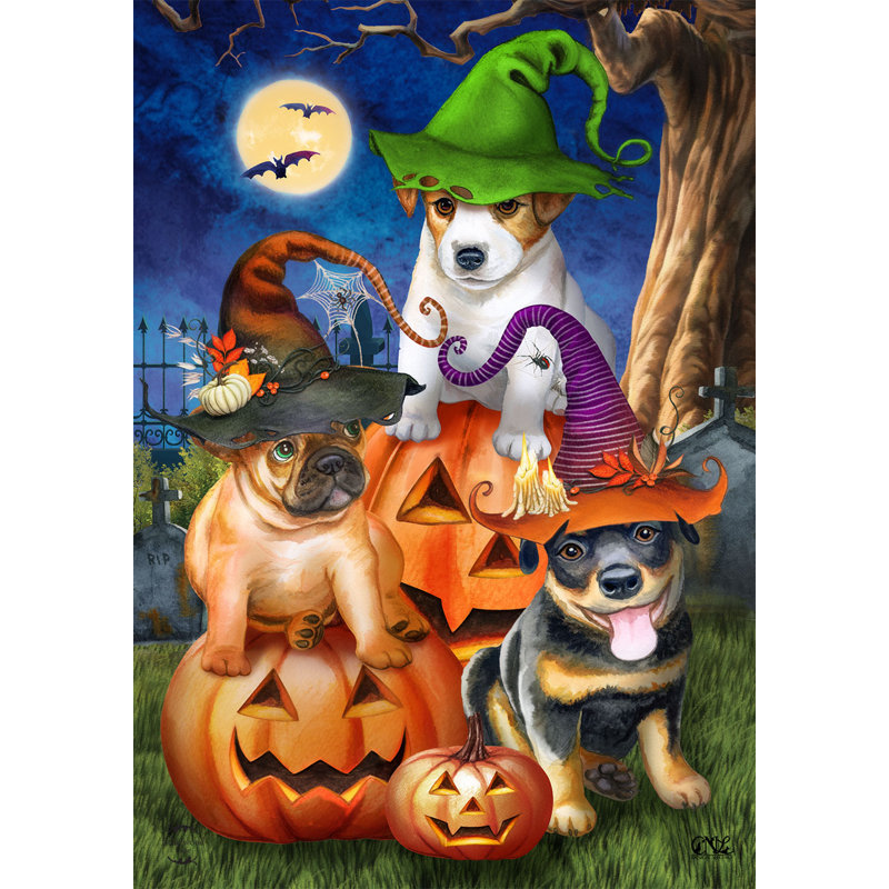 Drapeau de jardin Spooky Pups, Orange / noir / brun / vert