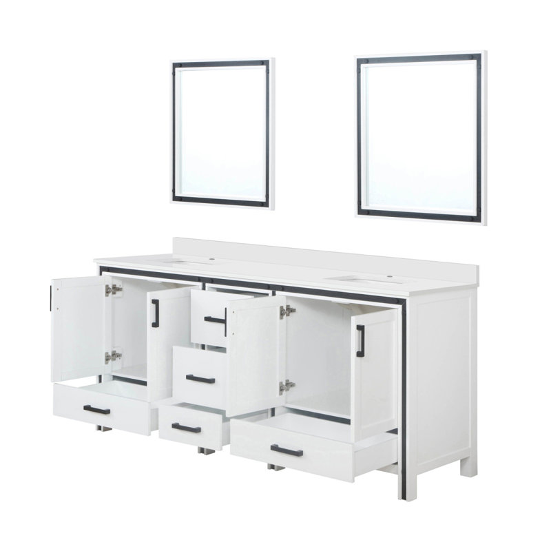 Meuble-lavabo double blanc 80 po X P 22 po D, plateau en quartz blanc et 30 po Miroirs, Blanc
