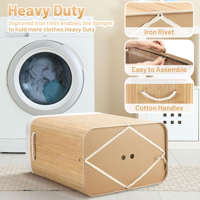 100L Laundry Hamper With Lid, 2-Section Clothes Laundry Basket With Handles, Large Collapsible Bamboo Baskets For Bedroom, Bathroom, Dorm