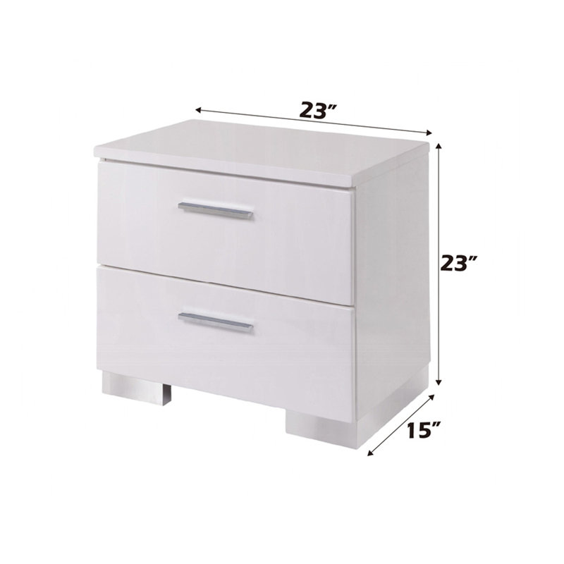 Table de chevet blanche à finition brillante avec 2 tiroirs et pieds pour les pieds de la chambre à coucher, clignotant