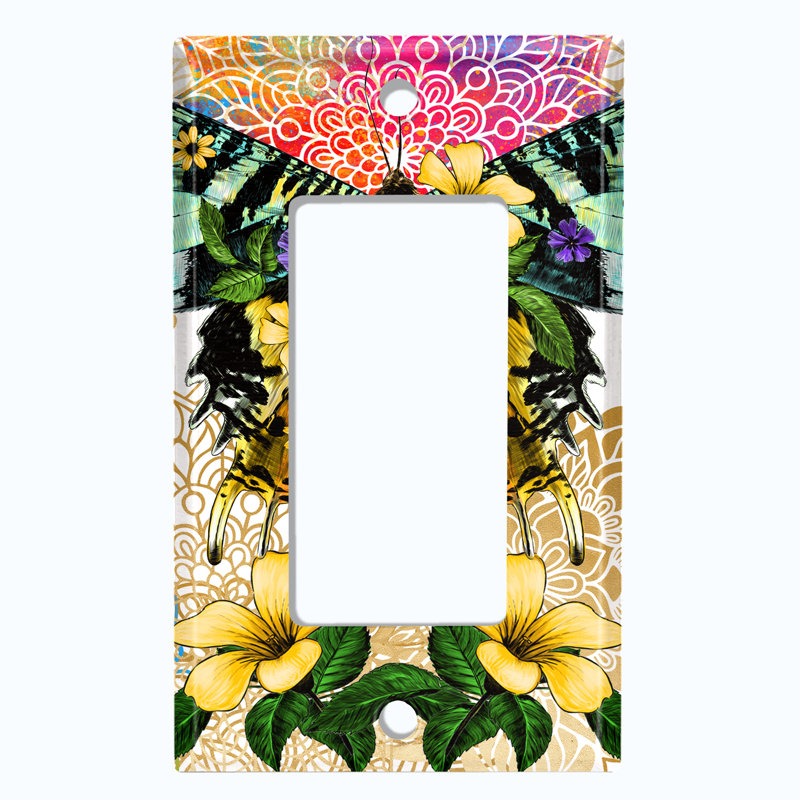 Plaque murale à interrupteur à bascule vert avec fleurs jaunes et arc-en-ciel Mandala