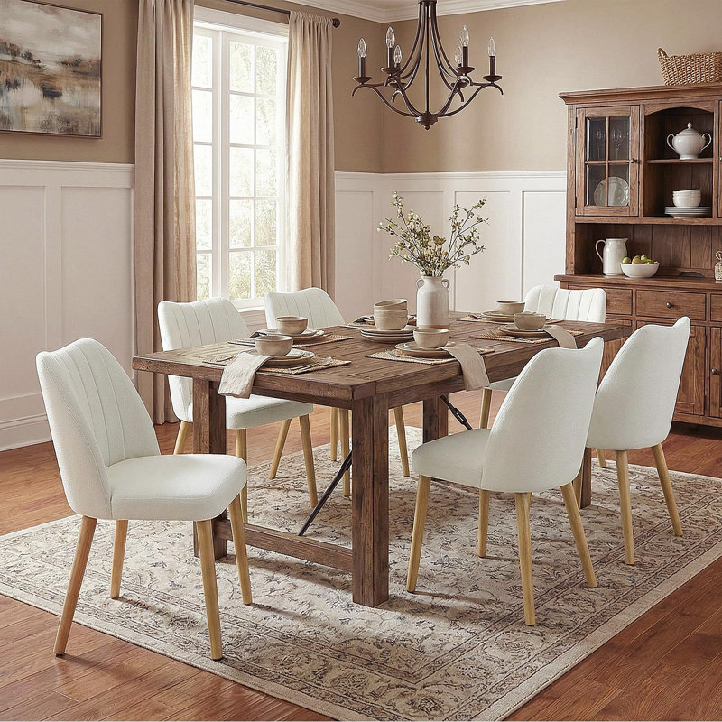 Chaises de salle à manger rembourrées, chaises de cuisine modernes en tissu avec pieds en bois, Crème, Naturel