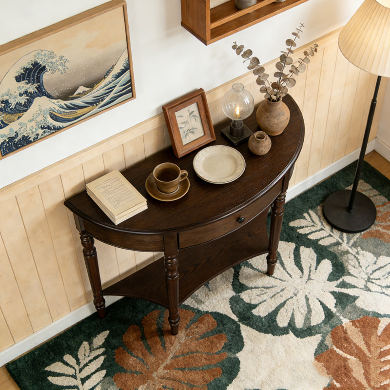Half Moon Console Table with Drawer & Shelf, Espresso