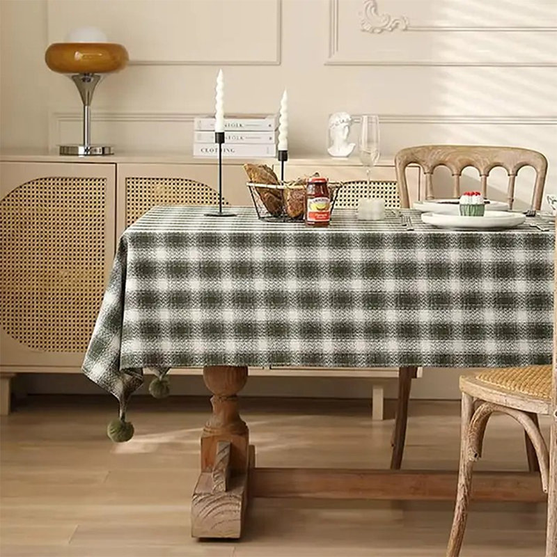 Brown Plaid Woven 100% Cotton Tablecloth With Pom Pom 56" W X 96" L, 56" L x 56" W, Green