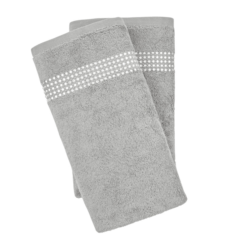 Sparkles Home Stripe Rhinestone Hand Towel Set of 2 | 100% Turkish Cotton Terry | Machine Washable, Gray