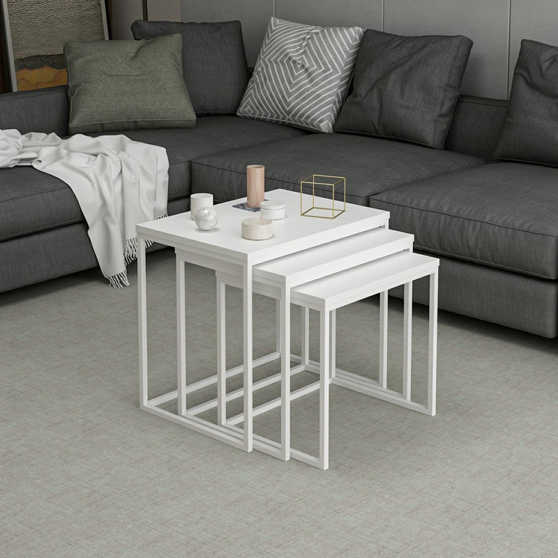 Modern Nesting Table Set (3 Pieces), White, 21.7 x 19.7 x 15.7 inches | 100% Melamine Coated Particle Board, Thickness: 0.7 inches | Sturdy Metal Frame | Stylish & Functional for Living Room, Home Office, & Study