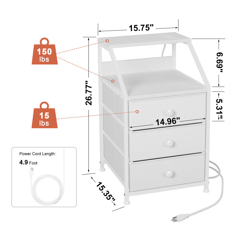Travison Nightstands with 3 Drawers & Outlets, Bedside Tables with 2 USB Ports & 2-Tier Open Shelf, White