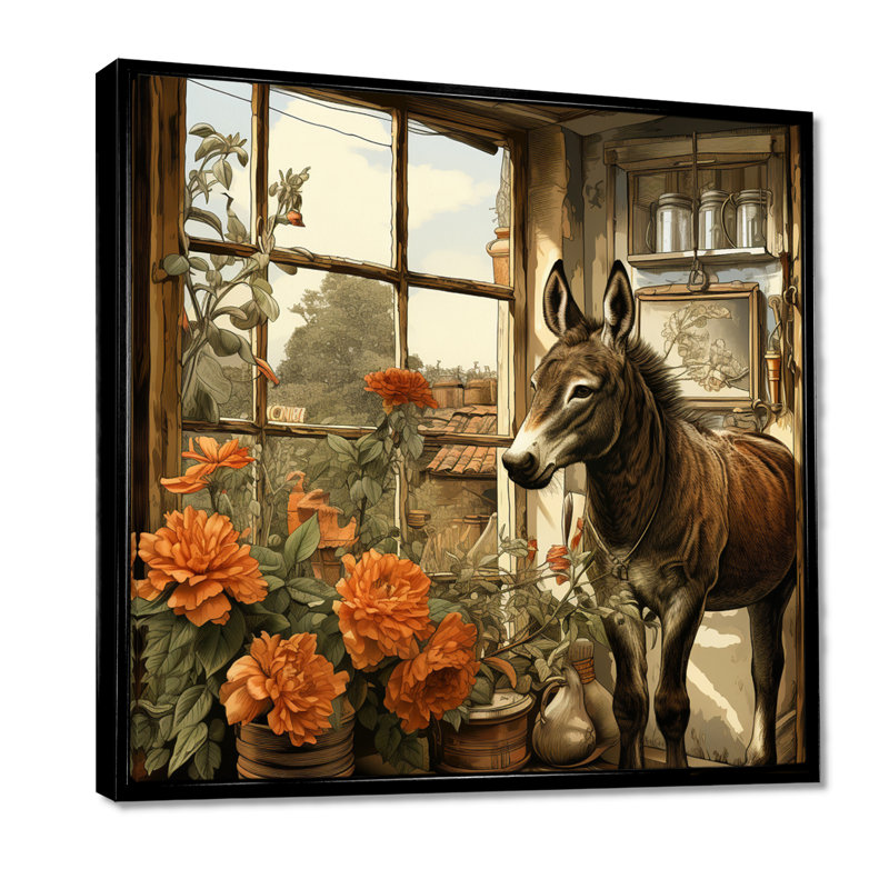 Ancienne ferme à dos rétro avec fleurs orange - art mural âne, Cadre flottant noir, 30" H x 30" W