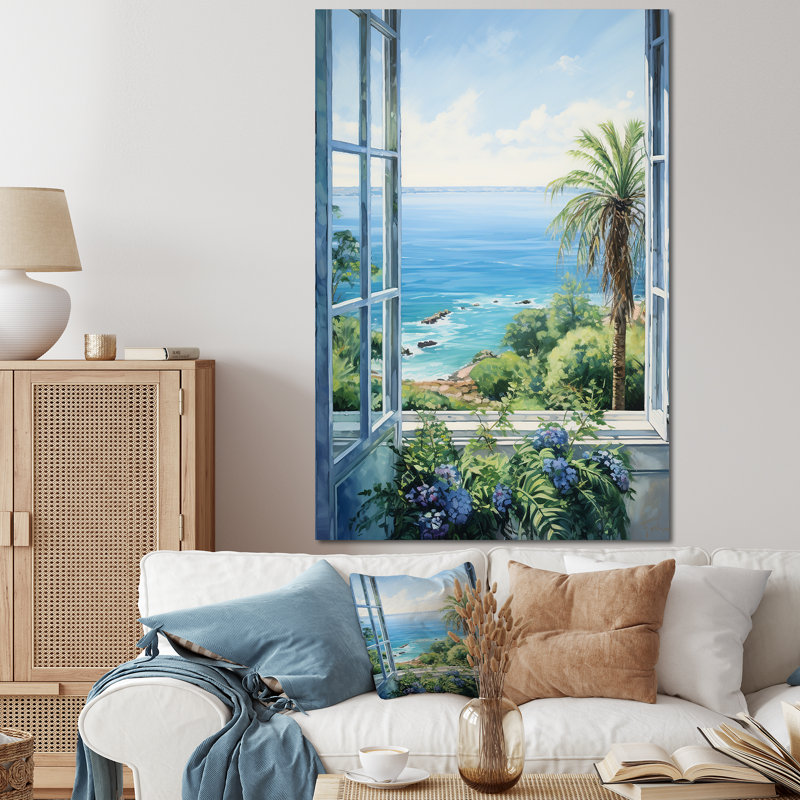 «Tropical Windows To The Beach I» - art mural de fenêtres côtières, Toile tendue, H 60 po x l 40 po x P 1,5 po
