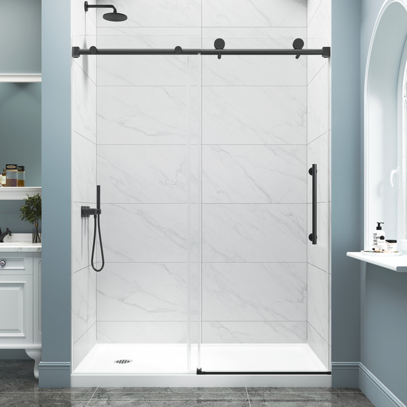 49"-54" W x 72" H Single Sliding Frameless Shower Door in Matte Black with 1/4" (6mm) Clear Tempered Glass, Aluninum Frame, Large Handle