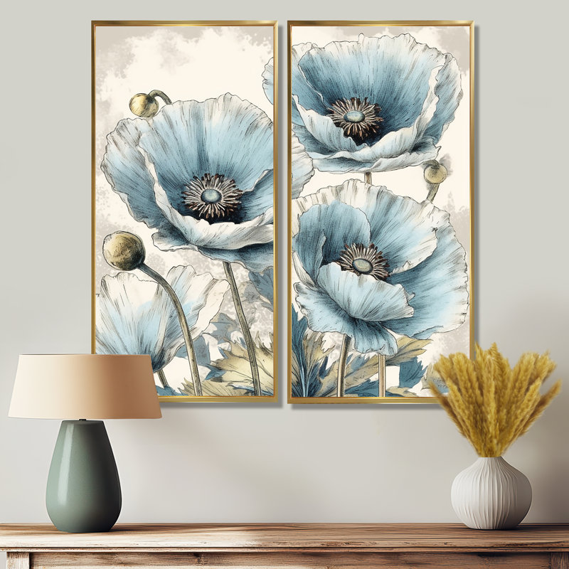 Vibrant bleu blanc pivoine I - art floral pivoines sur toile 2 panneaux, H 32 po x l 32 po, Doré