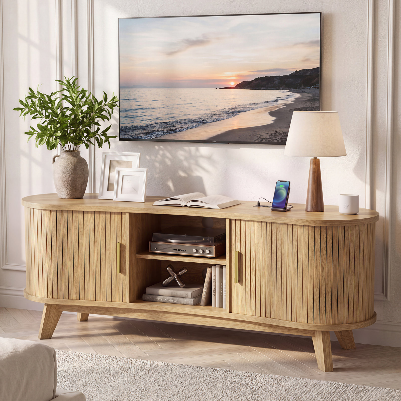  Modern Wooden TV Stand with Slatted Sliding Doors