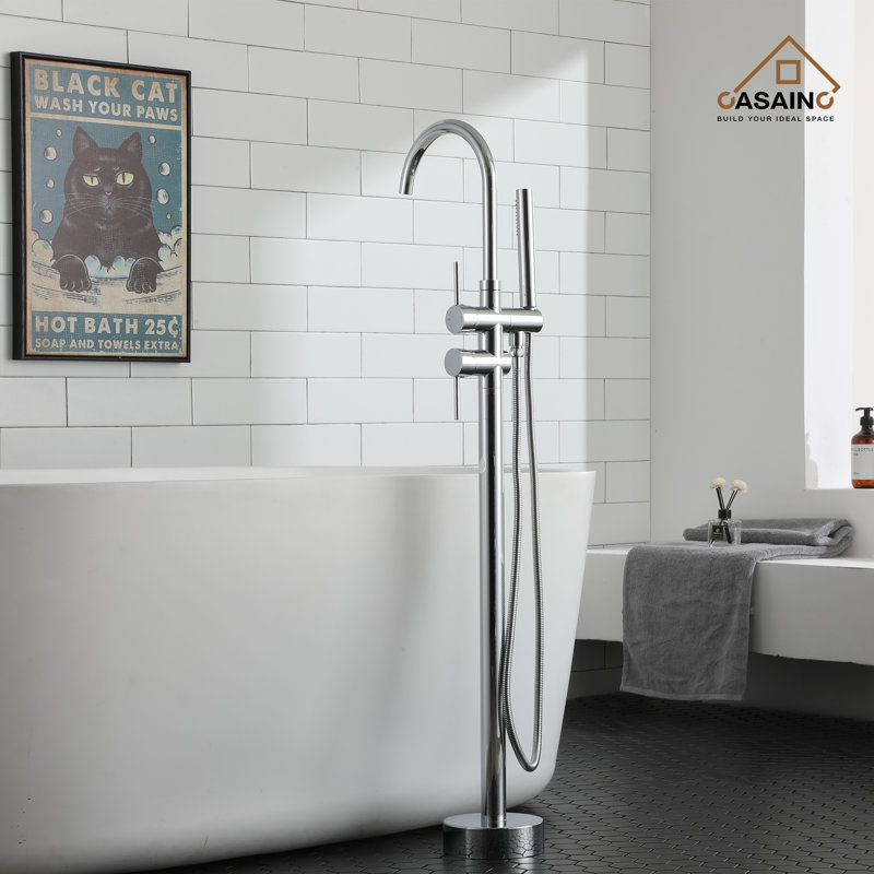 Chrome Freestanding High-Arc Tub Faucet with Hand Shower