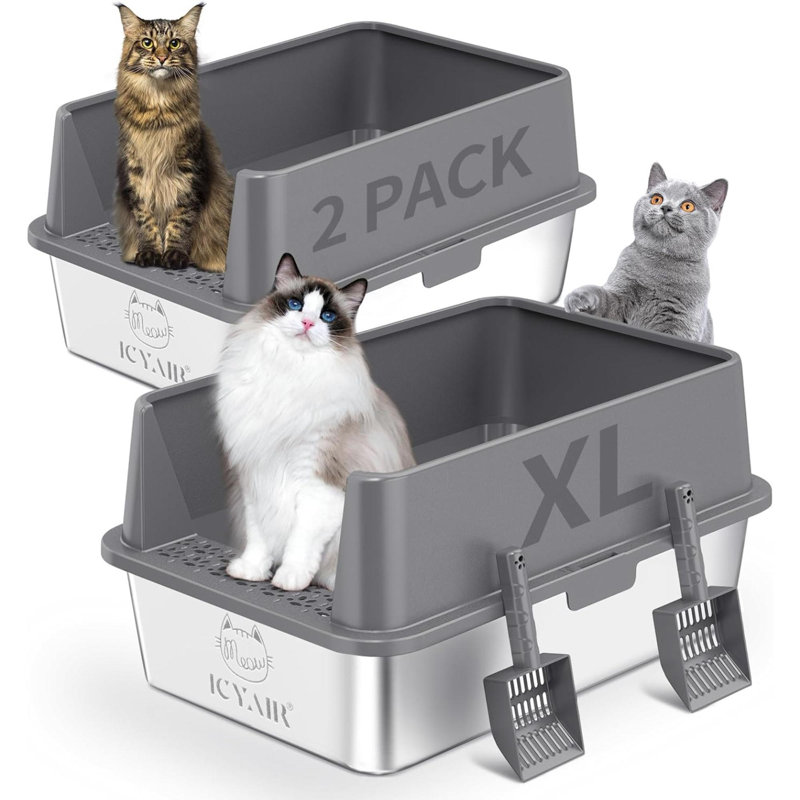 Bac à litière pour chat en acier inoxydable avec couvercles latéraux Extra XL