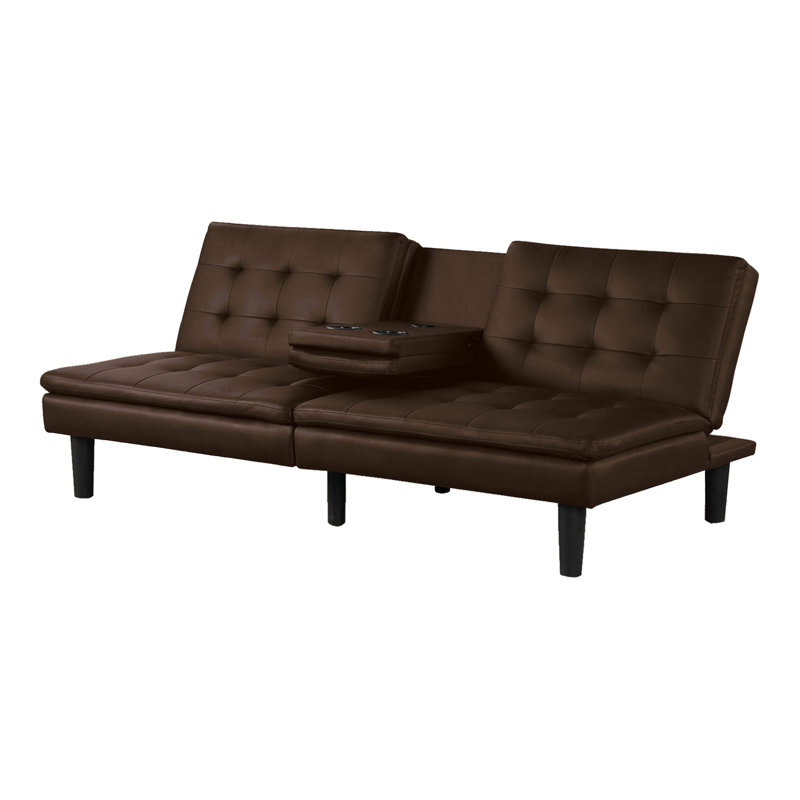 Canapé-lit futon en cuirette avec porte-gobelet et port USB, Brun