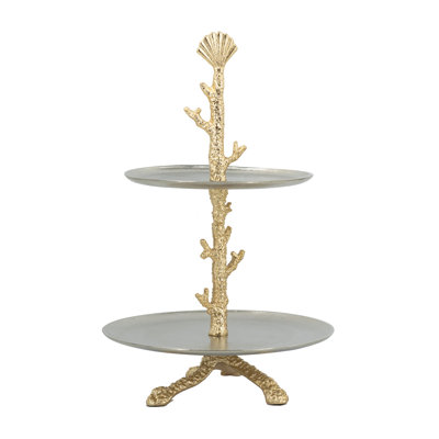 D11.5X18" Decorative Two-Tier Tray Stand With Gold Coral Branch Design