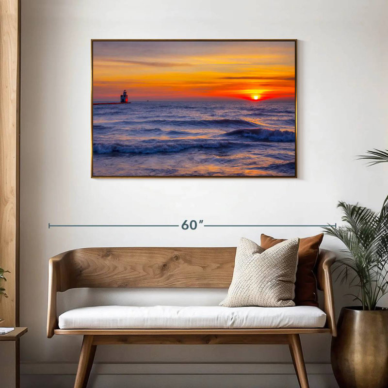 Phare sur le lac Michigan, Cadre flottant doré, 43 po x 29 po