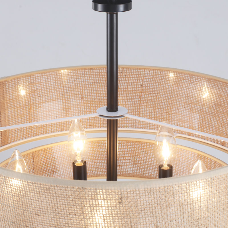 Roelke 5 - Light 2-tier Dimmable Bohemian Rattan Double Drum Rattan Chandelier With Hand Woven Hemp Rope Shade, Black