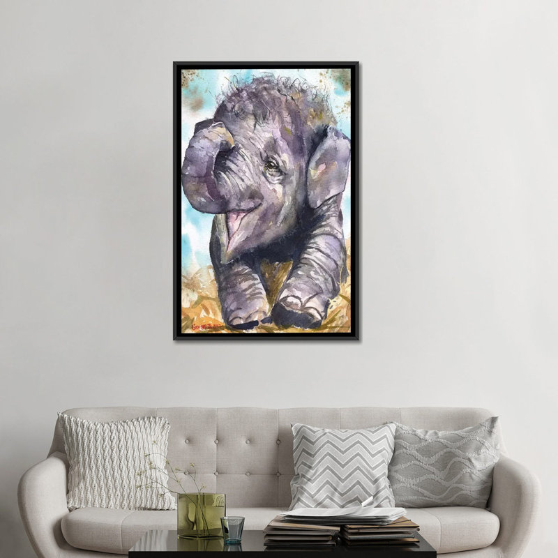 «Happy Elephant» par George Dyachenko, impression sur toile tendue, H 26 po x l 18 po x P 1,5 po, Toile avec cadre noir