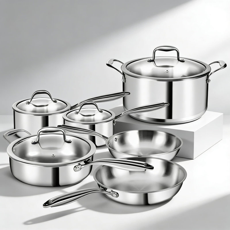 Ensemble de batterie de cuisine en acier inoxydable 11 pièces, casseroles et poêles de cuisine professionnelle à 3 plis avec couvercles, compatible avec l'induction, allant au four et au lave-vaisselle, batterie de cuisine non toxique de qualité chef