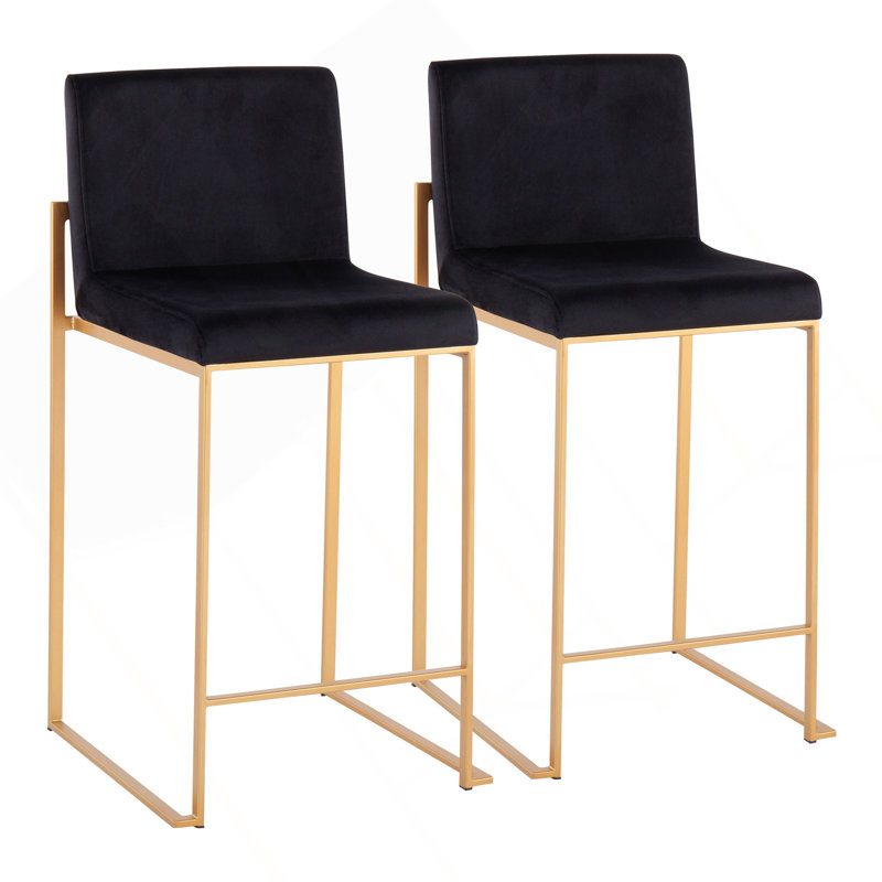 Tabouret de comptoir à dossier haut Fuji en acier doré et velours noir par Lumisource, Doré, Noir
