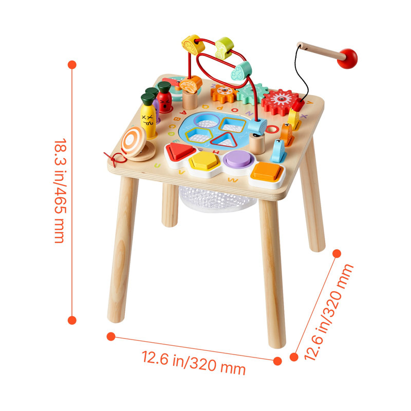 Table d'activité en bois pour tout-petits Montessori, bureau de jeu sensoriel 8-en-1 avec labyrinthe de perles et trieur de formes, finition naturelle