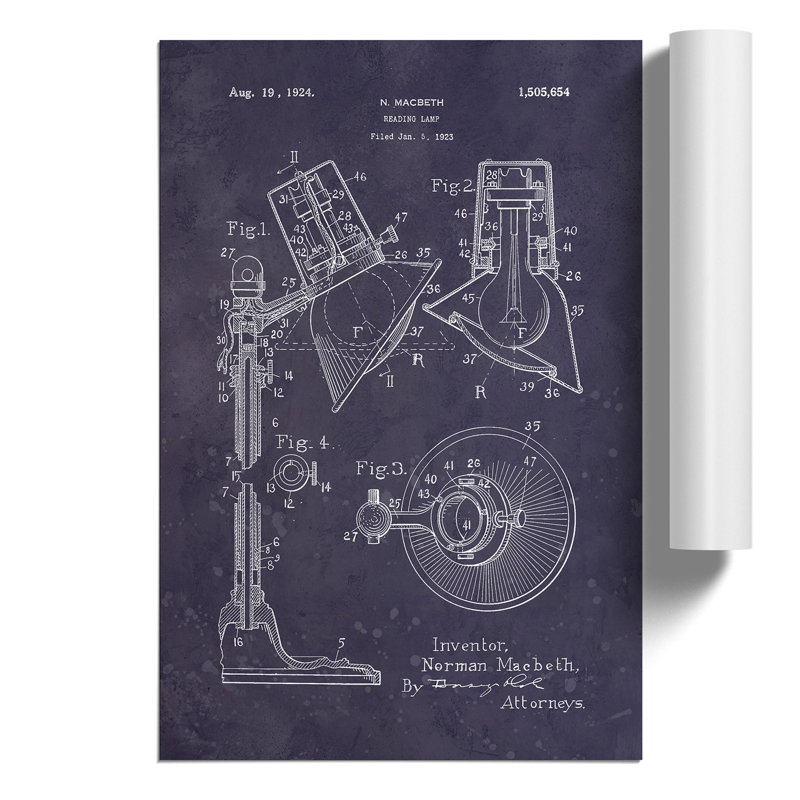 Reading Lamp Patent Dark - Frameless Print, 59cm H x 42cm W x 0.1cm D