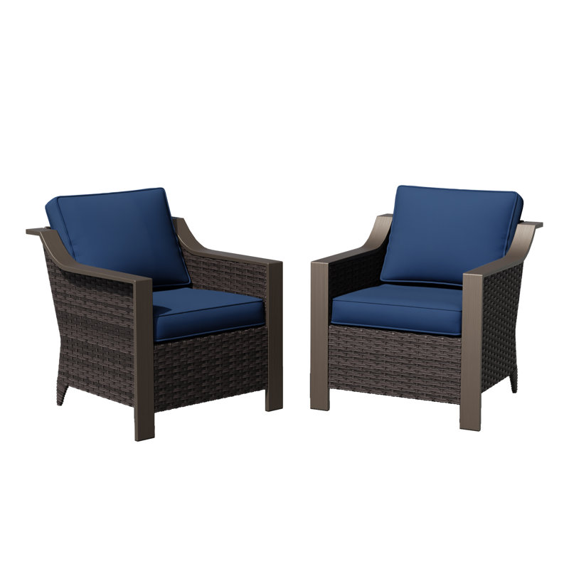 2-Piece All-Weather Wicker Patio Arm Chairs with Tufted Cushions, Fade Resistant, Blue