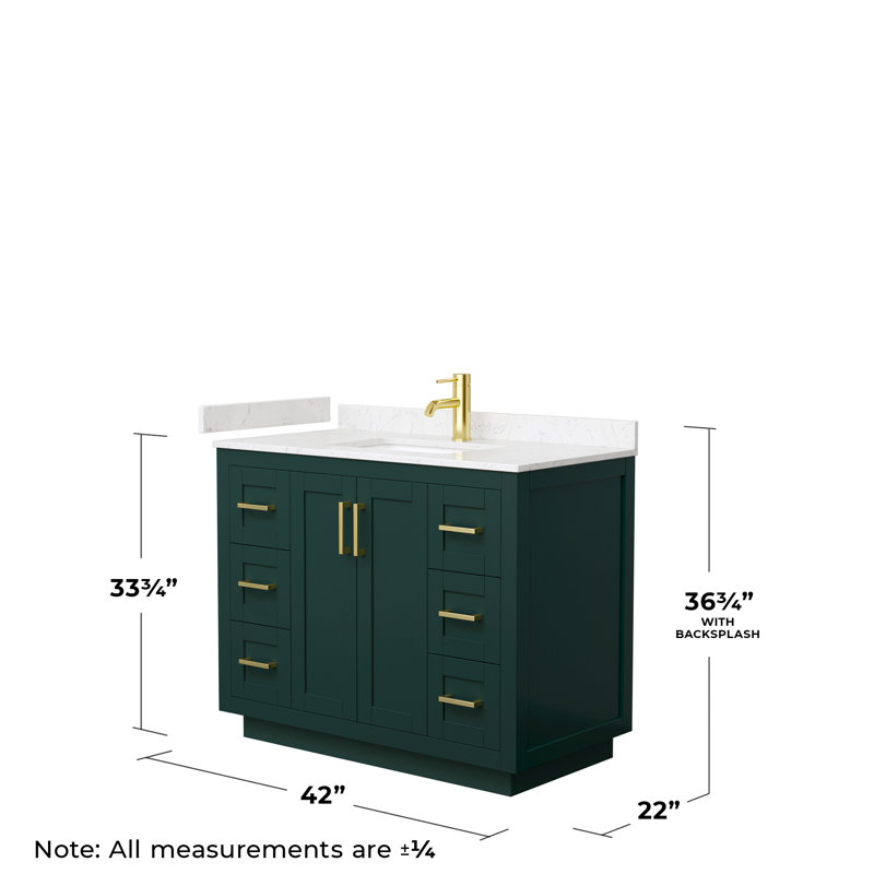 Miranda 42'' Green Single Freestanding Bathroom Vanity with White Carrara Marble Top and Brushed Gold Trim