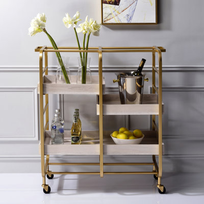 Rectangular Gold And White Serving Cart With 3 Adjustable Trays - For Dining Area Metal, Function