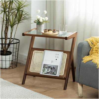 Table de chevet en rotin, tables de chevet d'appoint en bambou, tables basses en verre, table de bout Boho avec rangement pour petit salon, brun