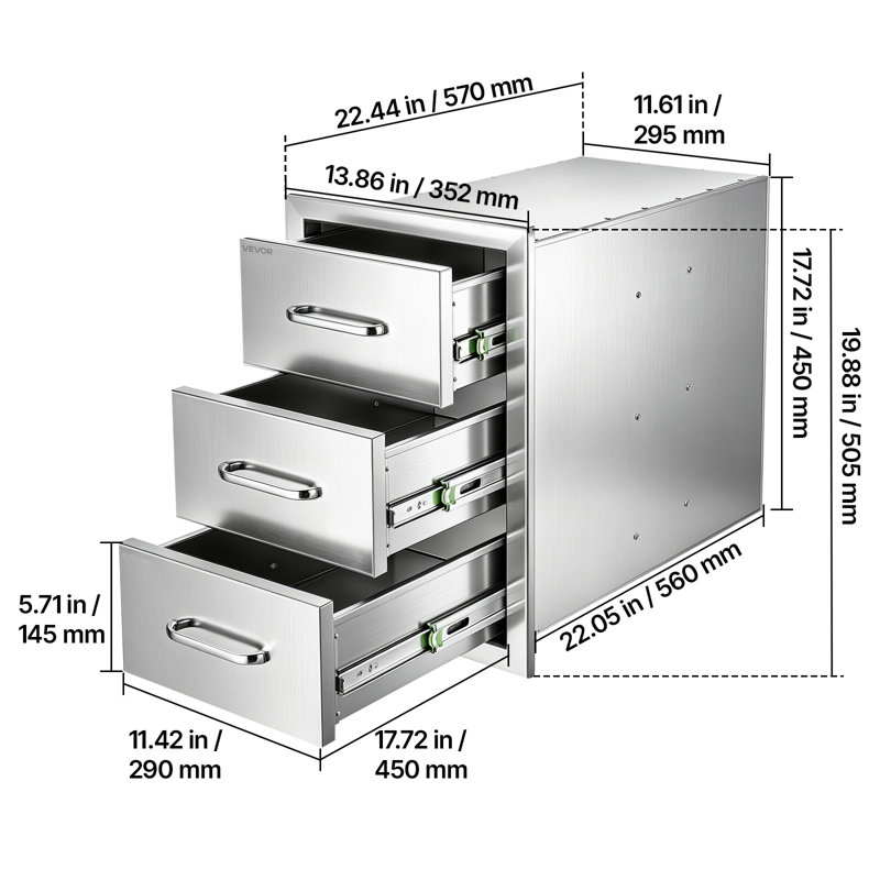 Outdoor Kitchen Drawers, 22"W x 20"H x 14"D, 3-Tier Storage Access, for BBQ Island Storage, Patio Bars and Grill Station, with Handle, Built-In BBQ Island Drawers Organize Cookware Accessories