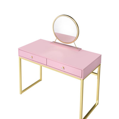Rectangular Pink & Gold Vanity Desk With Crystal Handle, Metal Frame, Mirror, Jewelry Tray, 2 Storage Drawers, Center Drawer Glide Structure, 2/3 Extension