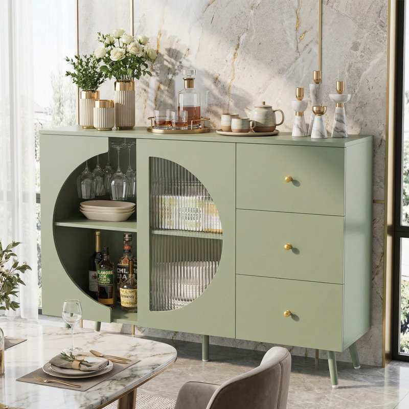 Armoire à vin 47,2 po moderne blanc et or - porte en verre, 3 tiroirs, porte-verres, Vert