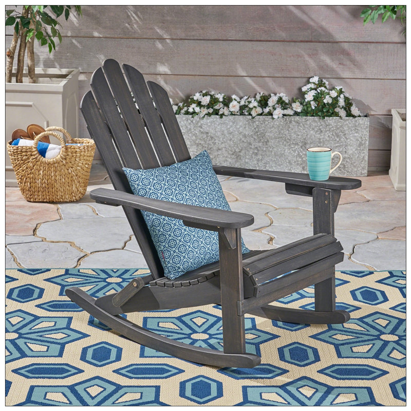 Hollywood Adirondack Rocking Chair With Durable Acacia Wood, Weather-Resistant Design For Relaxing Outdoor Comfort, Gray