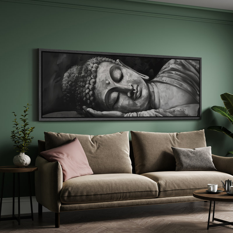 Bouddha endormi, art mural spirituel monochrome, Noir, H 30 po x l 60 po