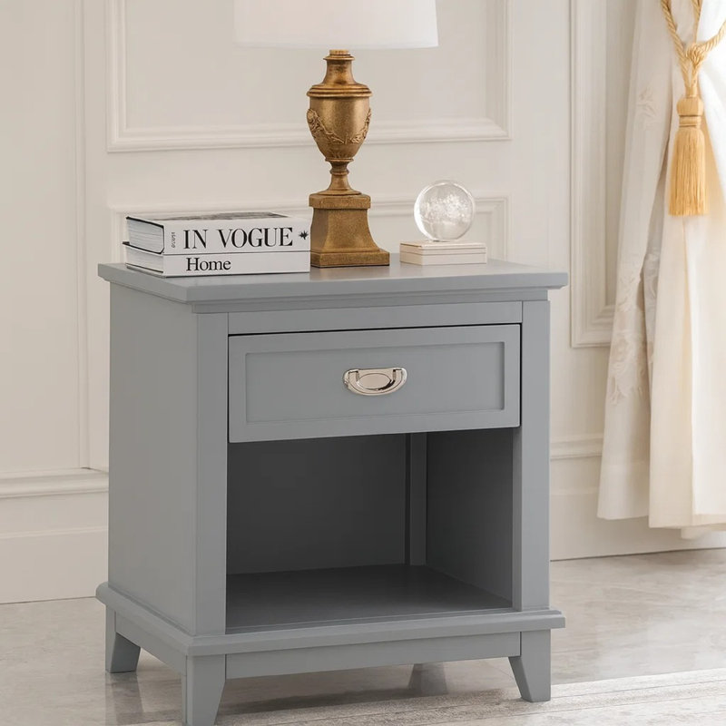 Table de chevet Sely, casier ouvert et tiroir, poignée en nickel, gris, 26 po