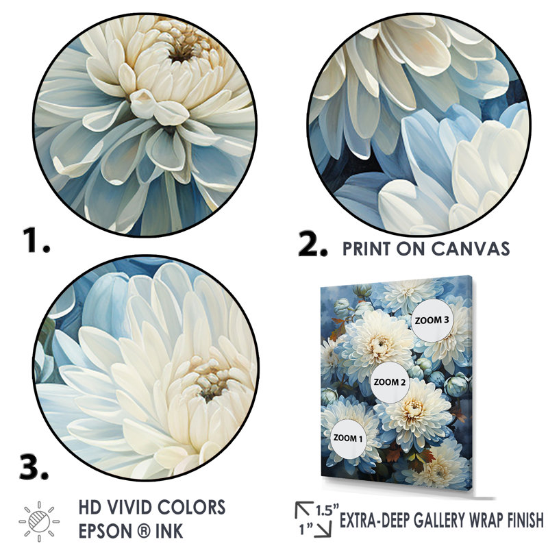 Blue and White Mum Flowers Canvas Print with Maple Frame