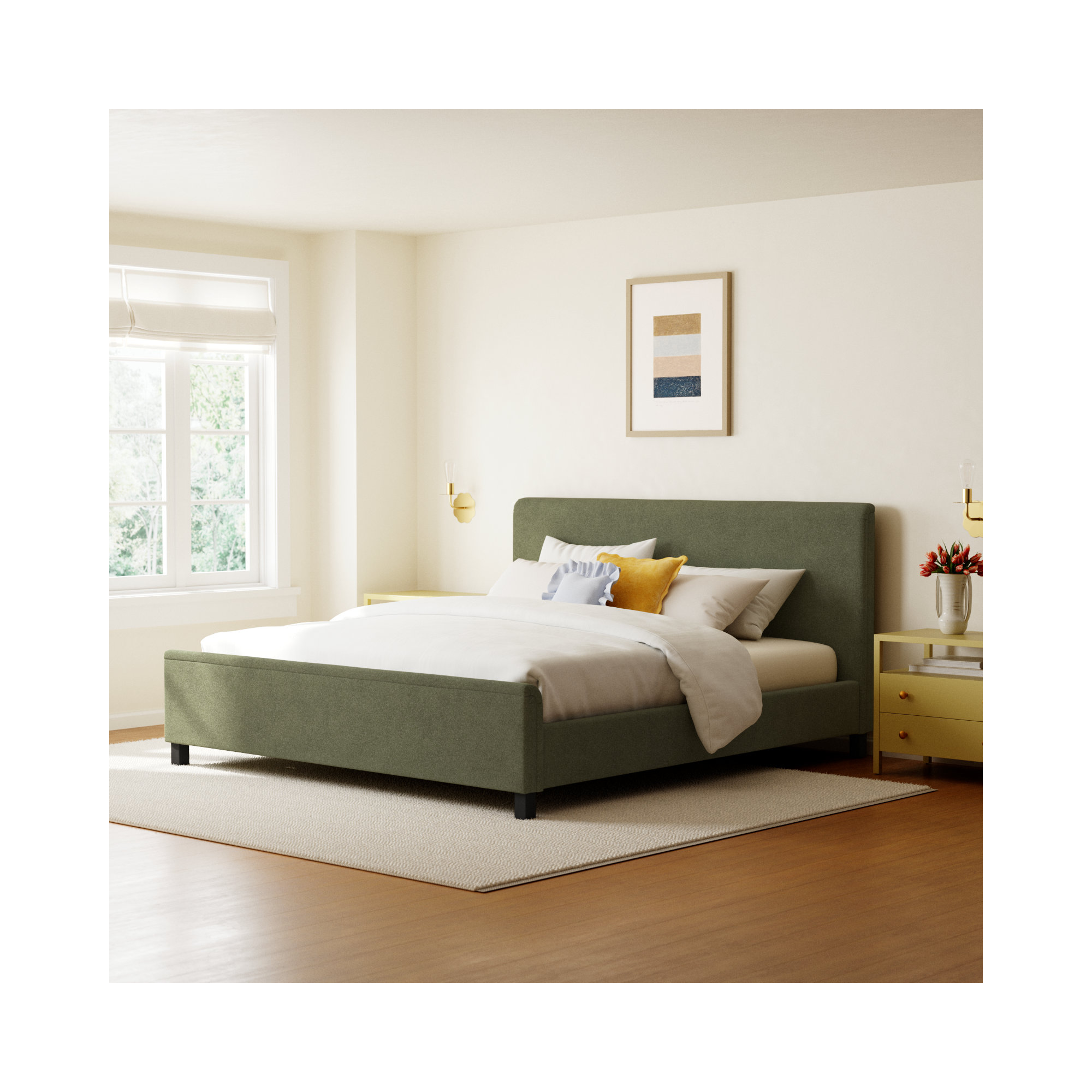 Finney Upholstered Bed, Sage Green, Queen
