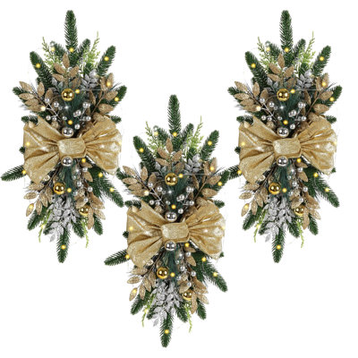 3Pcs 24 Inch Cordless Christmas Swag Garland Prelit,  Teardrop Hanging Garland with Balls Battery Powered Teardrop Swag with 30 LEDs & Balls,  Stair Rail Decor Set for Indoor Outdoor Use (Green)
