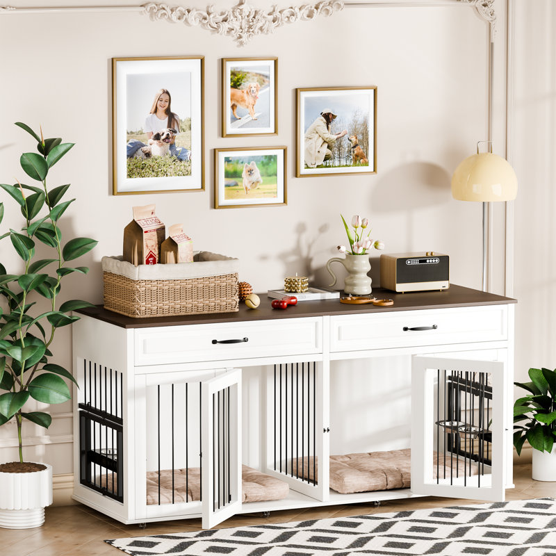 71" White Rolling Large Dog Crate Table with Drawers